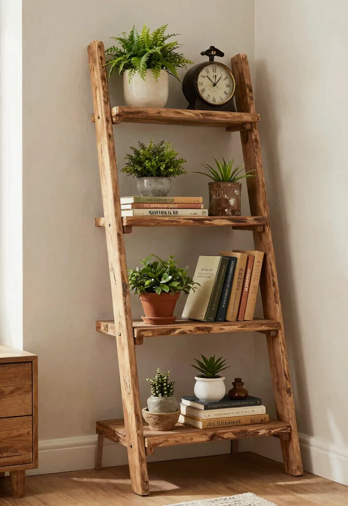 17 Wood Shelf Ideas That Add Natural Warmth - 2. Rustic Ladder Shelf for a Farmhouse Vibe 1