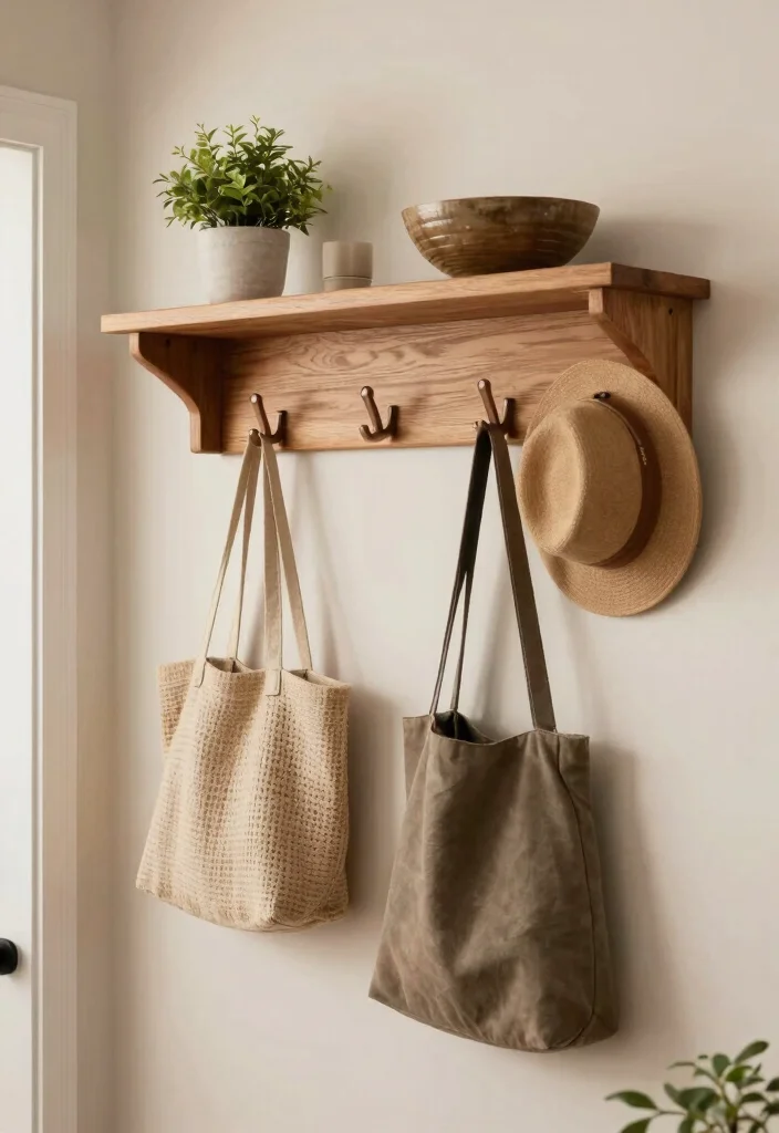 17 Wood Shelf Ideas That Add Natural Warmth - 6. Wood Shelf with Hooks for Practicality 1