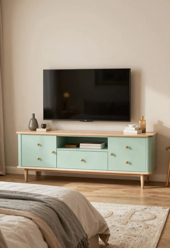 18 Modern TV Unit Ideas for Master Bedrooms with Sleek Finishes - 12. Vintage Modern Blend 1