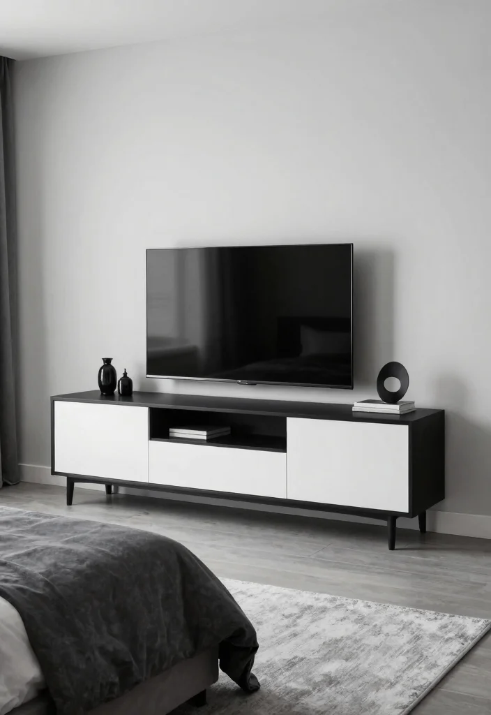18 Modern TV Unit Ideas for Master Bedrooms with Sleek Finishes - 16. Monochrome Magic 1