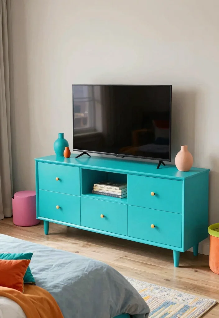 18 Modern TV Unit Ideas for Master Bedrooms with Sleek Finishes - 17. Bold Color Statements 1