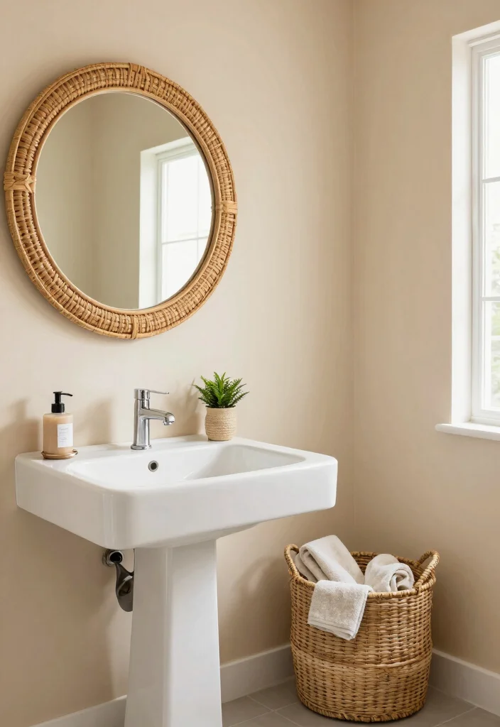 18 Round Bathroom Mirrors Ideas With Soft Modern Touch - 2. Rattan Weave Round Mirrors 1