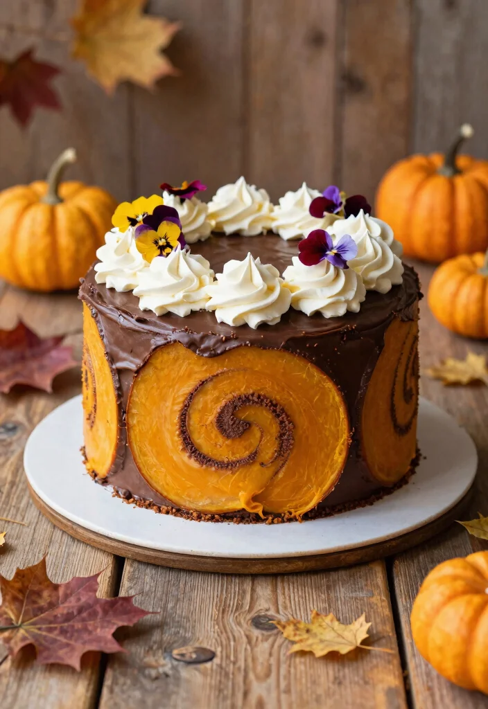 14 Fall Wedding Cake Ideas With Autumn Colors That Don't Bleed Between Tiers - 12. Chocolate Pumpkin Swirl Cake 1