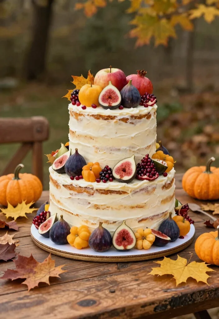 14 Fall Wedding Cake Ideas With Autumn Colors That Don't Bleed Between Tiers - 14. Fall Harvest Cake with Seasonal Fruits 1