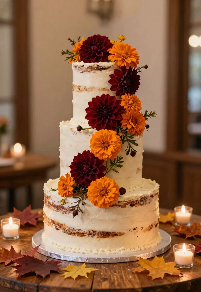 14 Fall Wedding Cake Ideas With Autumn Colors That Don't Bleed Between Tiers - 4. Fall-Themed Floral Cascade Cake 1