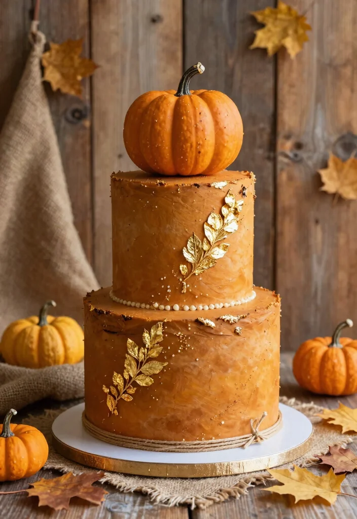 14 Fall Wedding Cake Ideas With Autumn Colors That Don't Bleed Between Tiers - 5. Gold Leaf Accents on Pumpkin Spice Cake 1
