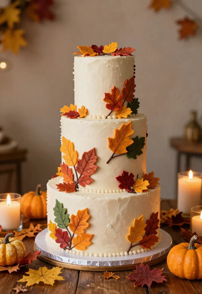 14 Fall Wedding Cake Ideas With Autumn Colors That Don't Bleed Between Tiers - 6. Whimsical Tiered Cake with Sugar Leaves 1