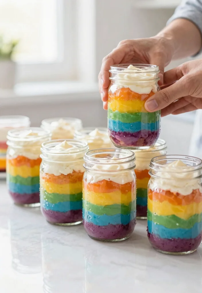 14 Jar Cake Ideas That Layer Without Tipping During Transport - 5. Joyful Rainbow Cake Jars 1
