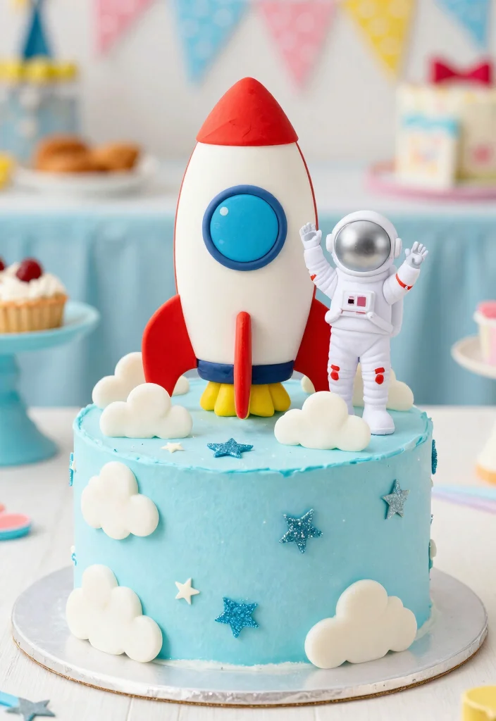 15 Astronaut Cake Birthday Ideas With 3D Elements That Stay Upright - 1. Astronaut on a Rocket Ship 1