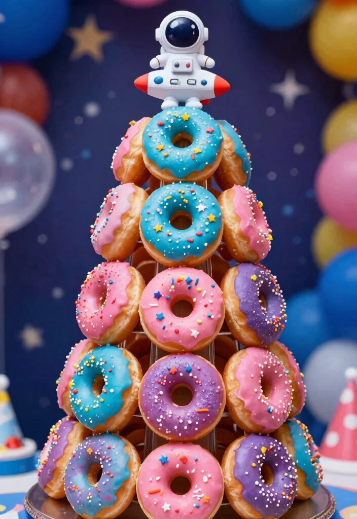 15 Astronaut Cake Birthday Ideas With 3D Elements That Stay Upright - 12. Space-Themed Donut Tower 1