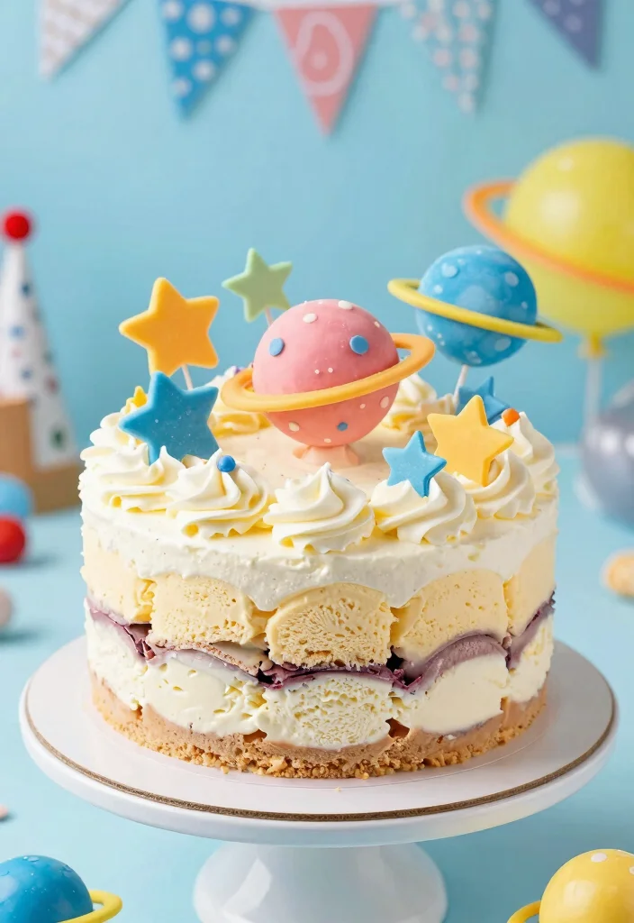 15 Astronaut Cake Birthday Ideas With 3D Elements That Stay Upright - 15. Space-Themed Ice Cream Cake 1