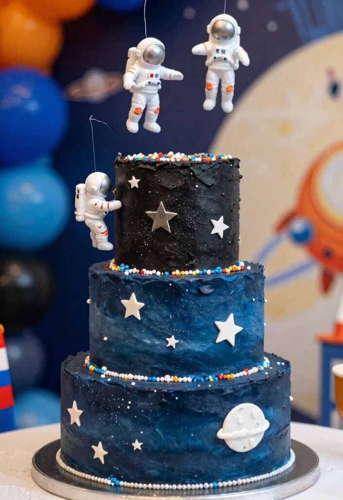 15 Astronaut Cake Birthday Ideas With 3D Elements That Stay Upright - 2. Floating Astronauts in Space 1