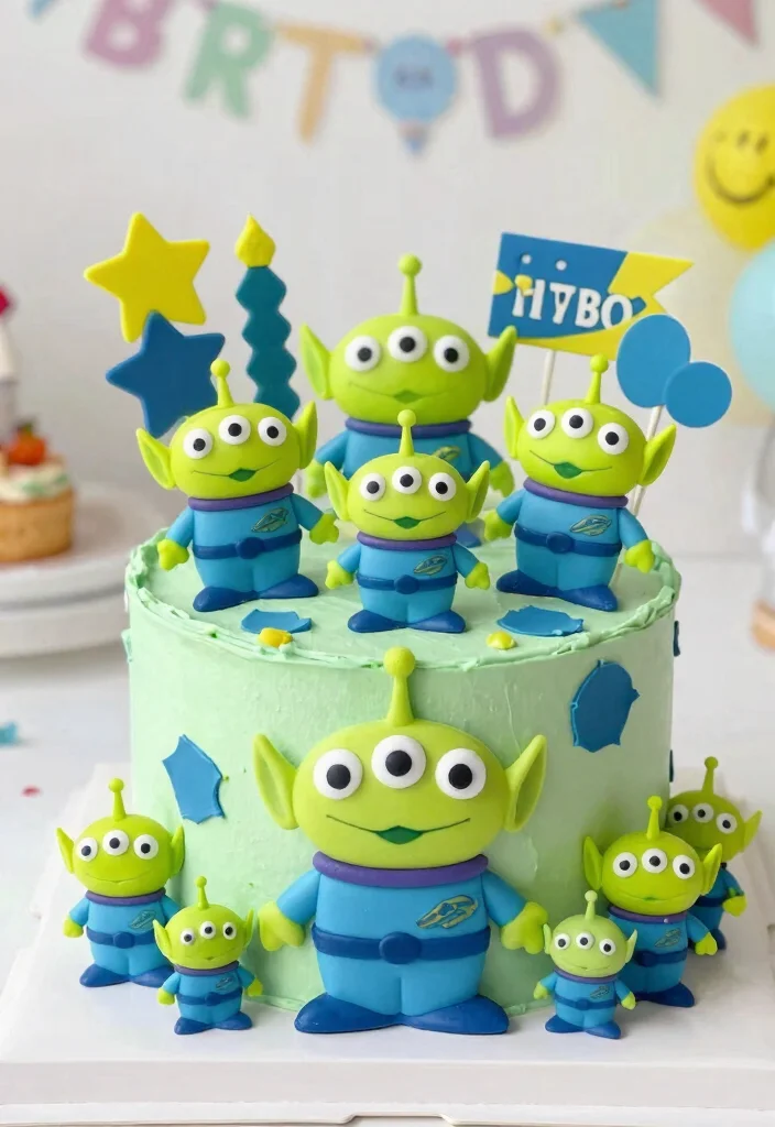 15 Astronaut Cake Birthday Ideas With 3D Elements That Stay Upright - 9. Alien Friends Cake 1