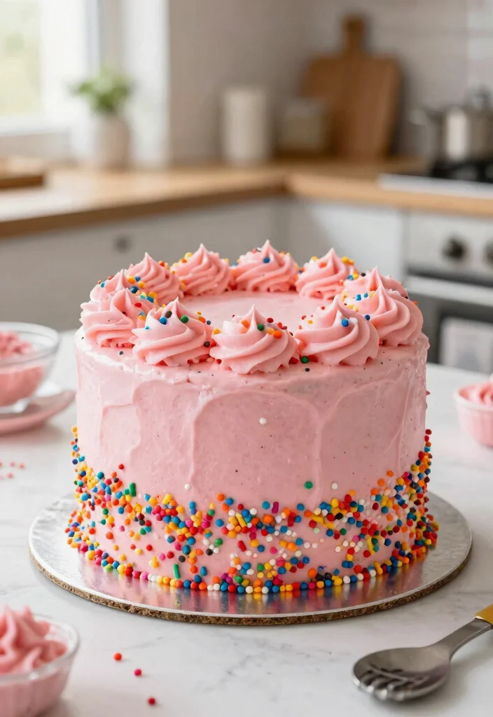 15 Pink Birthday Cake Ideas That Stay True Color Without Bleeding Into White Layers - 12. Funfetti Pink Cake 1