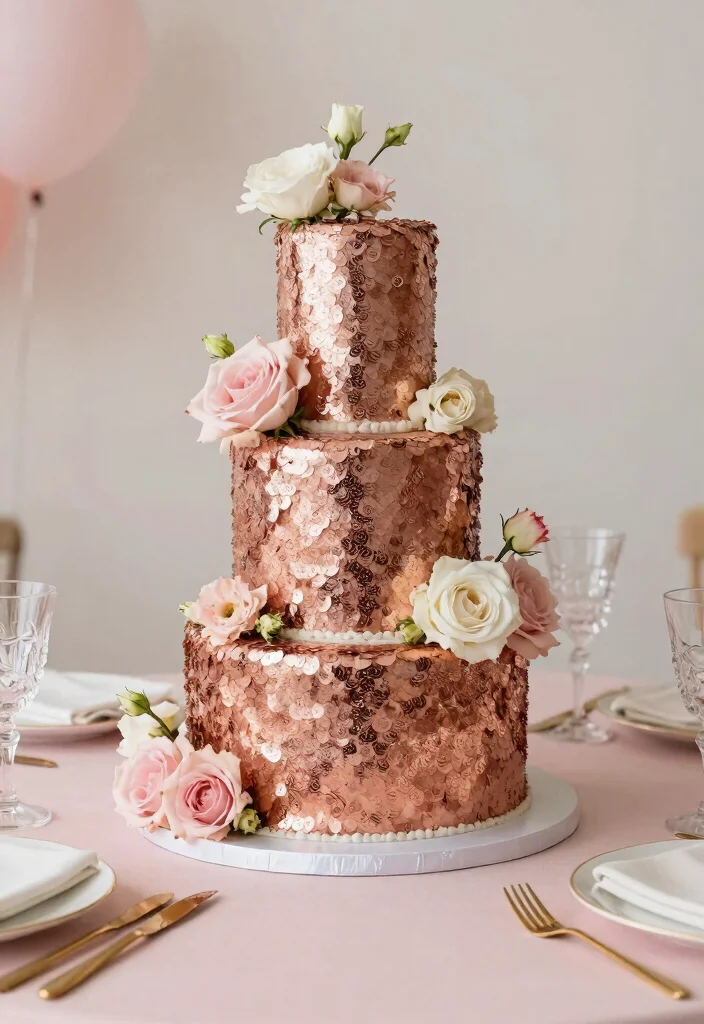 15 Rose Gold Wedding Cake Ideas With Metallic Finish Without Airbrushing - 1. Sparkling Rose Gold Sequin Cake 1