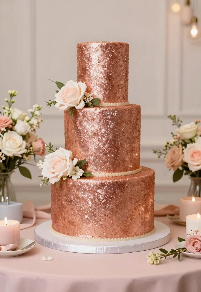 15 Rose Gold Wedding Cake Ideas With Metallic Finish Without Airbrushing - 11. Rose Gold Glitter Cake 1