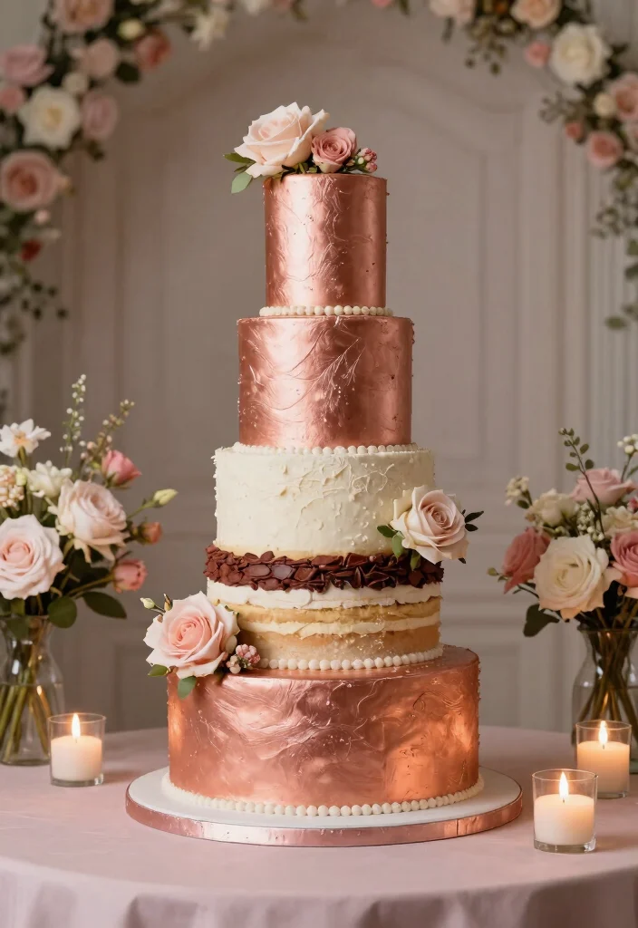 15 Rose Gold Wedding Cake Ideas With Metallic Finish Without Airbrushing - 12. Layered Rose Gold Cake 1