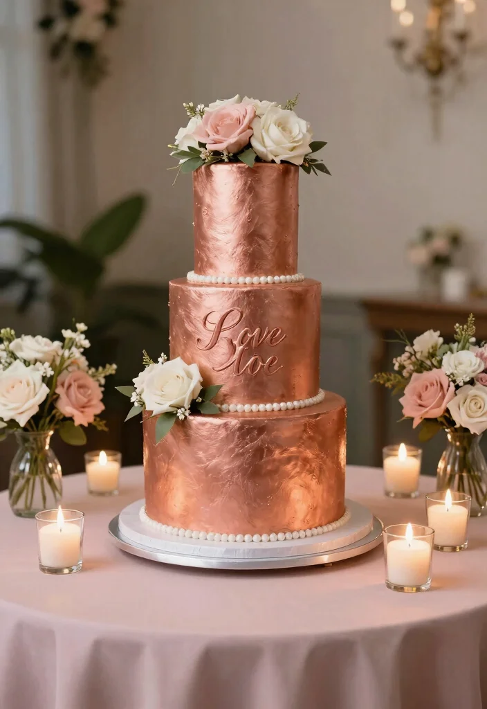 15 Rose Gold Wedding Cake Ideas With Metallic Finish Without Airbrushing - 14. Personalized Rose Gold Cake 1