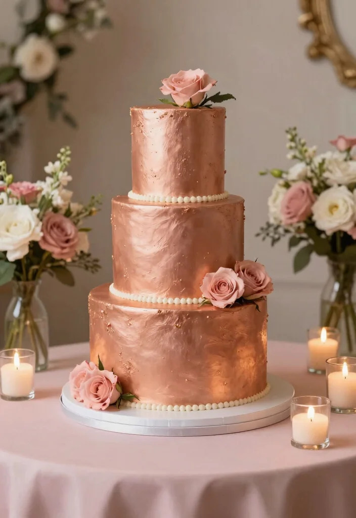 15 Rose Gold Wedding Cake Ideas With Metallic Finish Without Airbrushing - 15. Classic Rose Gold Elegance 1