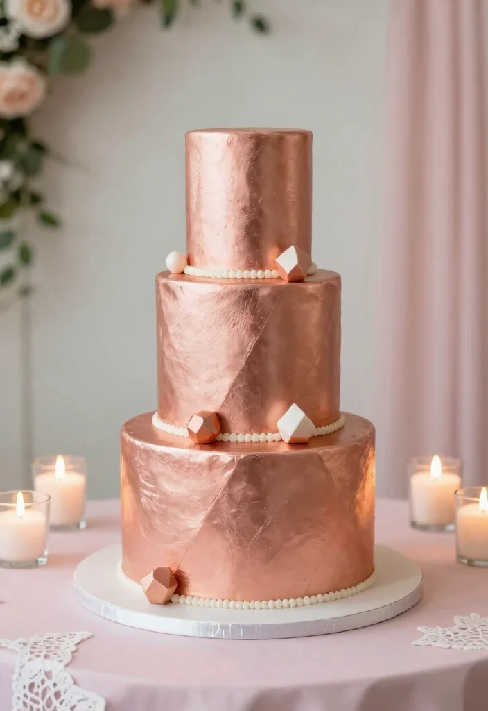 15 Rose Gold Wedding Cake Ideas With Metallic Finish Without Airbrushing - 2. Geometric Rose Gold Cake 1