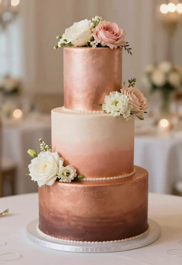 15 Rose Gold Wedding Cake Ideas With Metallic Finish Without Airbrushing - 3. Ombre Rose Gold Bliss 1
