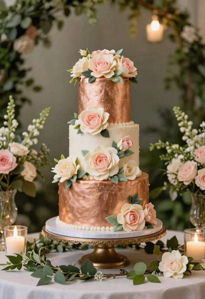 15 Rose Gold Wedding Cake Ideas With Metallic Finish Without Airbrushing - 4. Floral Rose Gold Cake 1