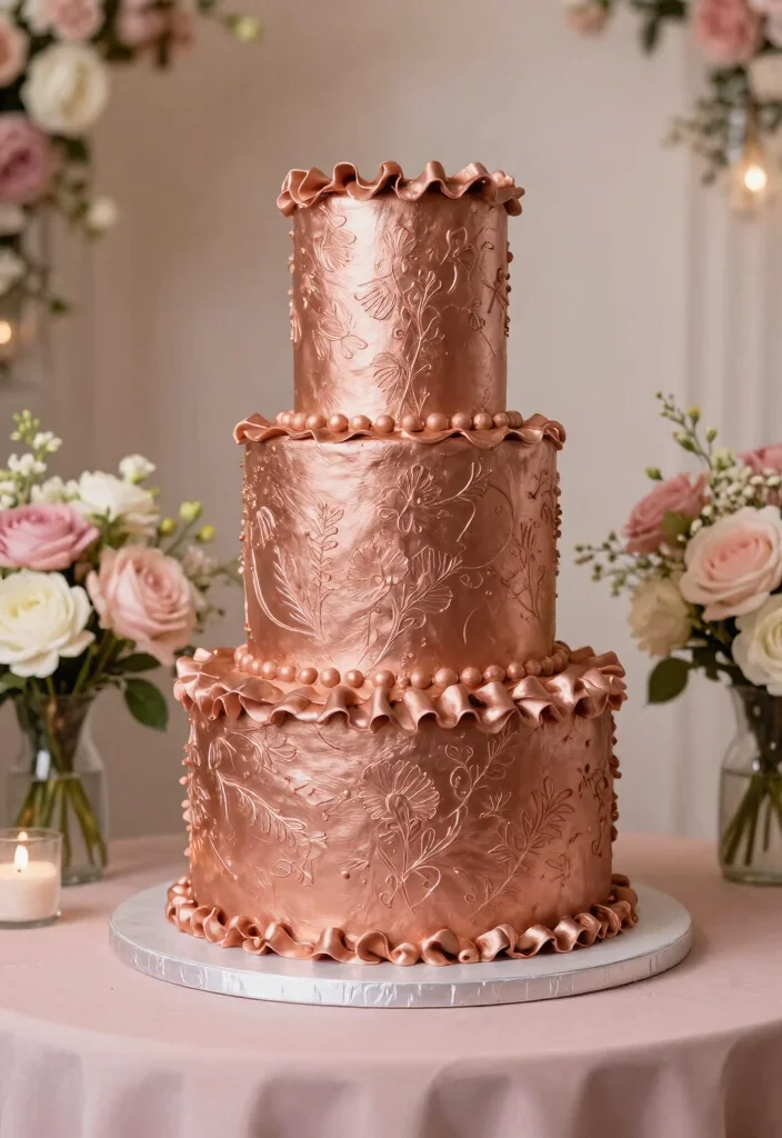 15 Rose Gold Wedding Cake Ideas With Metallic Finish Without Airbrushing - 6. Textured Rose Gold Cake 1