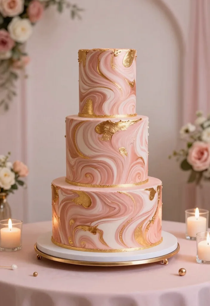 15 Rose Gold Wedding Cake Ideas With Metallic Finish Without Airbrushing - 7. Marbled Rose Gold Cake 1