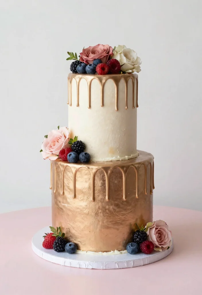 15 Rose Gold Wedding Cake Ideas With Metallic Finish Without Airbrushing - 8. Drip Rose Gold Cake 1