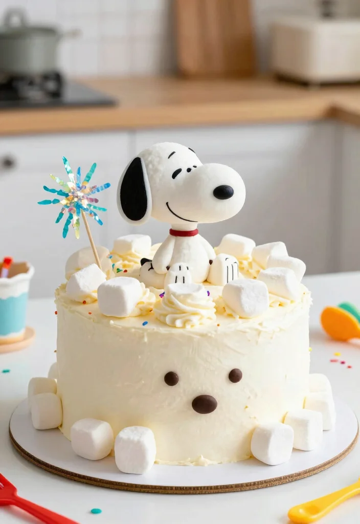 15 Snoopy Birthday Cake Ideas That Don't Need Drawing Skills - 11. Snoopy Marshmallow Cake 1
