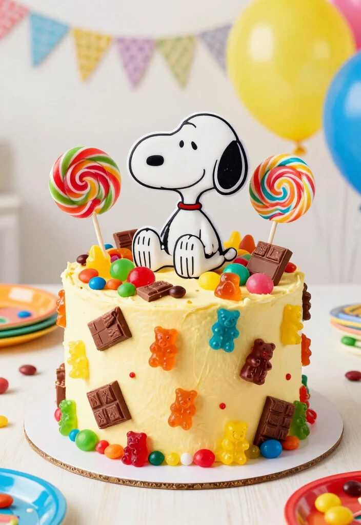 15 Snoopy Birthday Cake Ideas That Don't Need Drawing Skills - 13. Snoopy Candy Cake 1