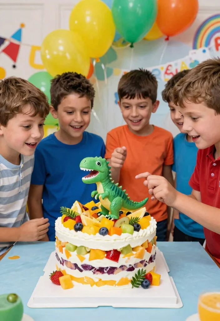 18 Birthday Cake for Boys Ideas Without Fondant Figures - 3. Dinosaur Fruit Cake 1