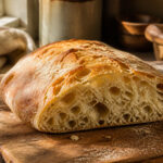 A loaf of ciabatta bread with a golden crust on a wooden surface.