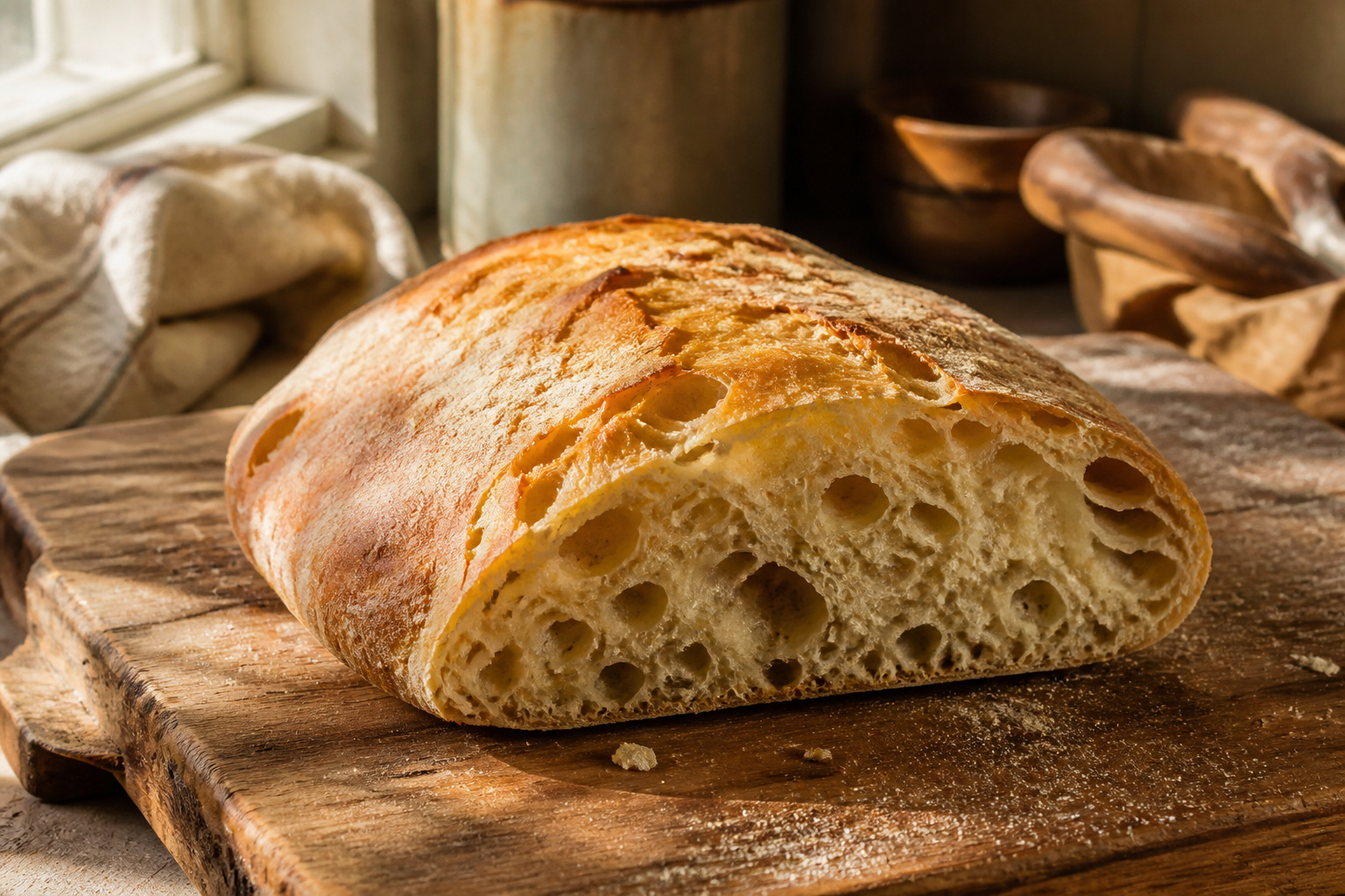 A loaf of ciabatta bread with a golden crust on a wooden surface.