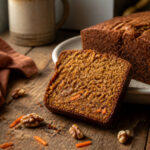 A loaf of carrot cake banana bread on a wooden cutting board.