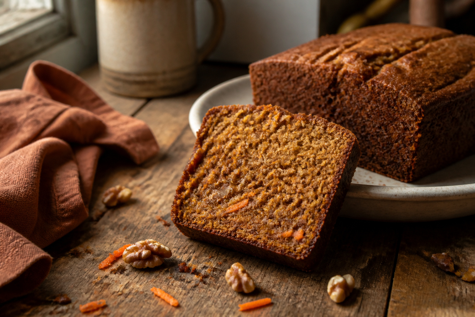 A loaf of carrot cake banana bread on a wooden cutting board.