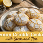 A variety of lemon crinkle cookies dusted with powdered sugar on a plate.