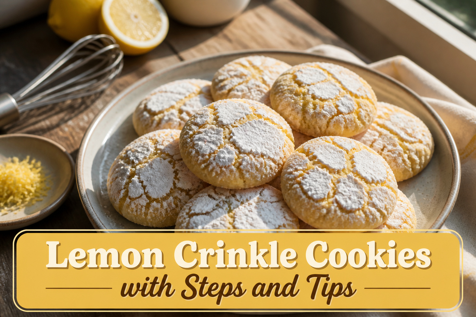 A variety of lemon crinkle cookies dusted with powdered sugar on a plate.