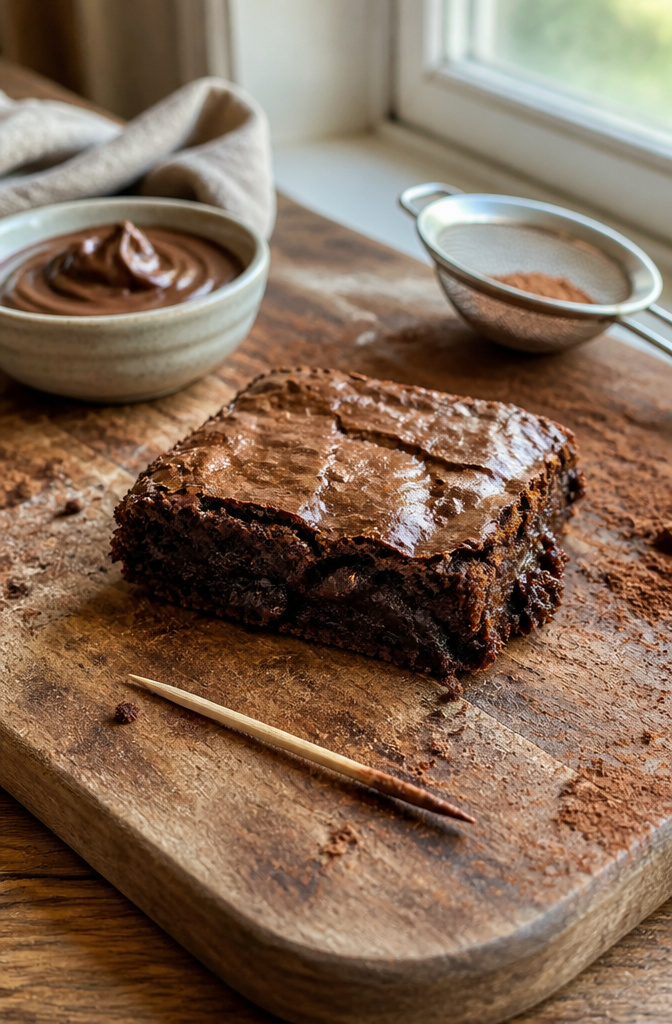 Fudgy Nutella Brownies: 7 Steps to the Best Batch (2026) 2 A fudgy Nutella brownie on a wooden cutting board, showing its dense center.