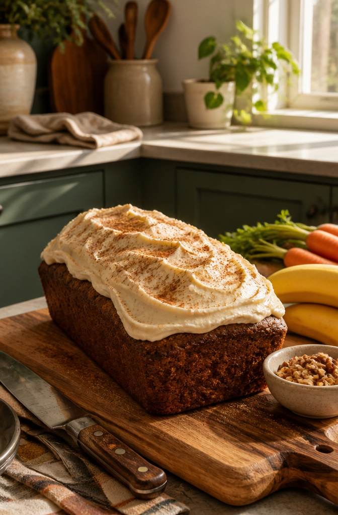 Carrot Cake Banana Bread: 6 Variations for Different Diets (2026) 12 A loaf of carrot cake banana bread topped with cream cheese frosting.