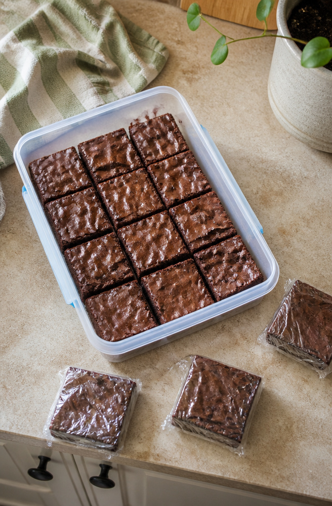Fudgy Nutella Brownies: 7 Steps to the Best Batch (2026) 12 An airtight container filled with fudgy Nutella brownies on a counter.