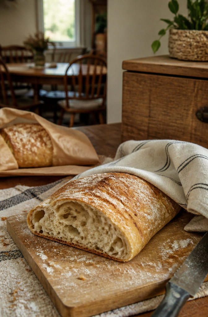 Bakery-Style No-Knead Ciabatta Bread: 2 Methods, One Recipe 12 A partially sliced ciabatta loaf on a cutting board.