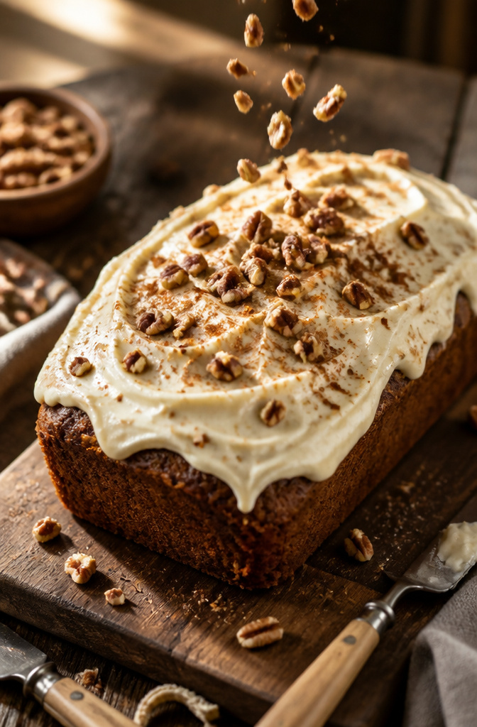 Carrot Cake Banana Bread: 6 Variations for Different Diets (2026) 17 Carrot cake banana bread covered in cream cheese frosting and nuts.