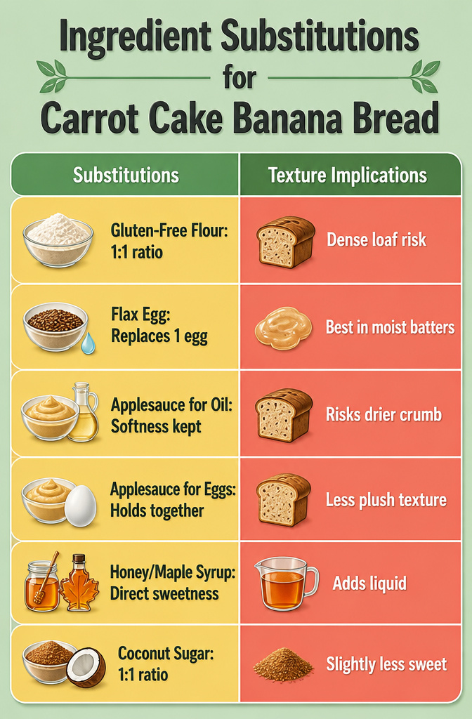 Carrot Cake Banana Bread: 6 Variations for Different Diets (2026) 18 A graphic showing ingredient substitutions for carrot cake banana bread.