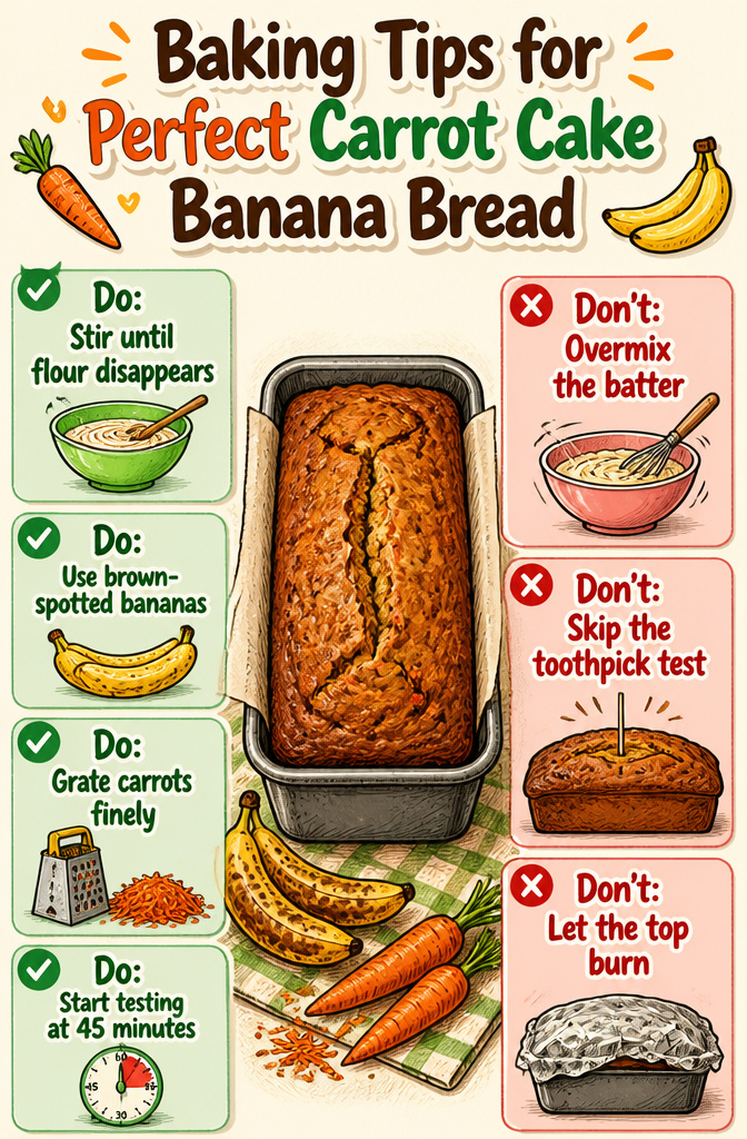 Carrot Cake Banana Bread: 6 Variations for Different Diets (2026) 20 A graphic with baking tips for carrot cake banana bread.