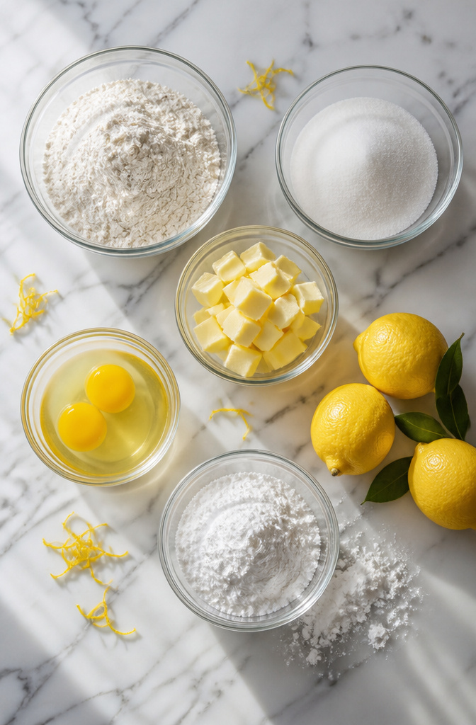 Lemon Crinkle Cookies with Steps and Tips for 2026 3 Ingredients for lemon crinkle cookies including flour, sugar, and butter.