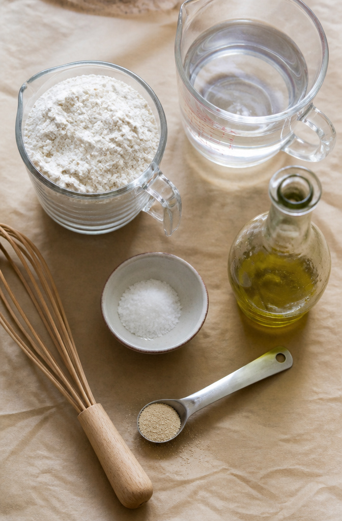 Bakery-Style No-Knead Ciabatta Bread: 2 Methods, One Recipe 3 Ingredients for ciabatta bread including bread flour and salt.