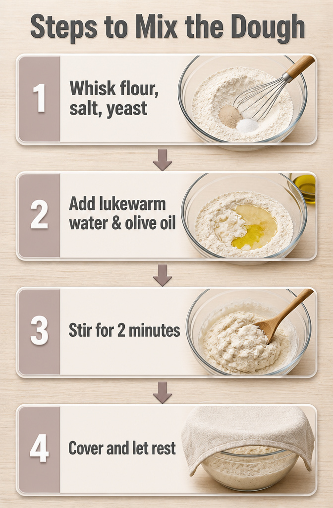 Bakery-Style No-Knead Ciabatta Bread: 2 Methods, One Recipe 4 Instructions for mixing ciabatta dough in a large bowl.