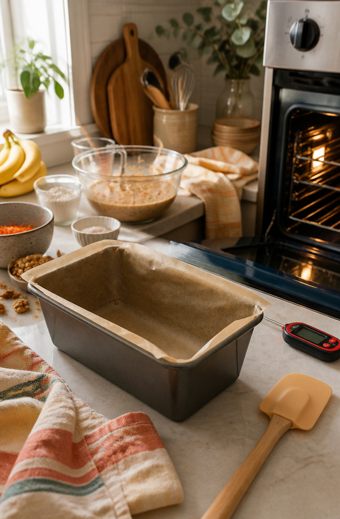 Carrot Cake Banana Bread: 6 Variations for Different Diets (2026) 4 A 9×5 loaf pan lined with parchment paper on a countertop.