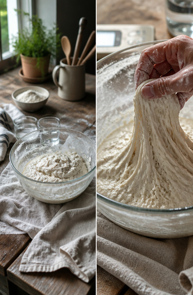 Bakery-Style No-Knead Ciabatta Bread: 2 Methods, One Recipe 5 Hands folding wet ciabatta dough in a bowl.